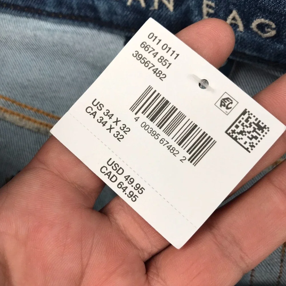 American Eagle Jeans Mens 34x32 Original Straight Stretch Stone Wash Denim NEW